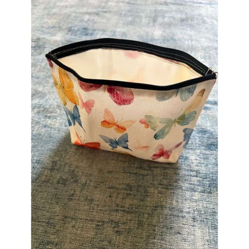 Rainbow Colors Butterflies Cotton Canvas Small Makeup Bag Travel Toiletry Pouch